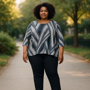 Simply Vera Wang Womens Geometric Stripe Top XL Gray 3/4 Sleeve Asymmetric Hem